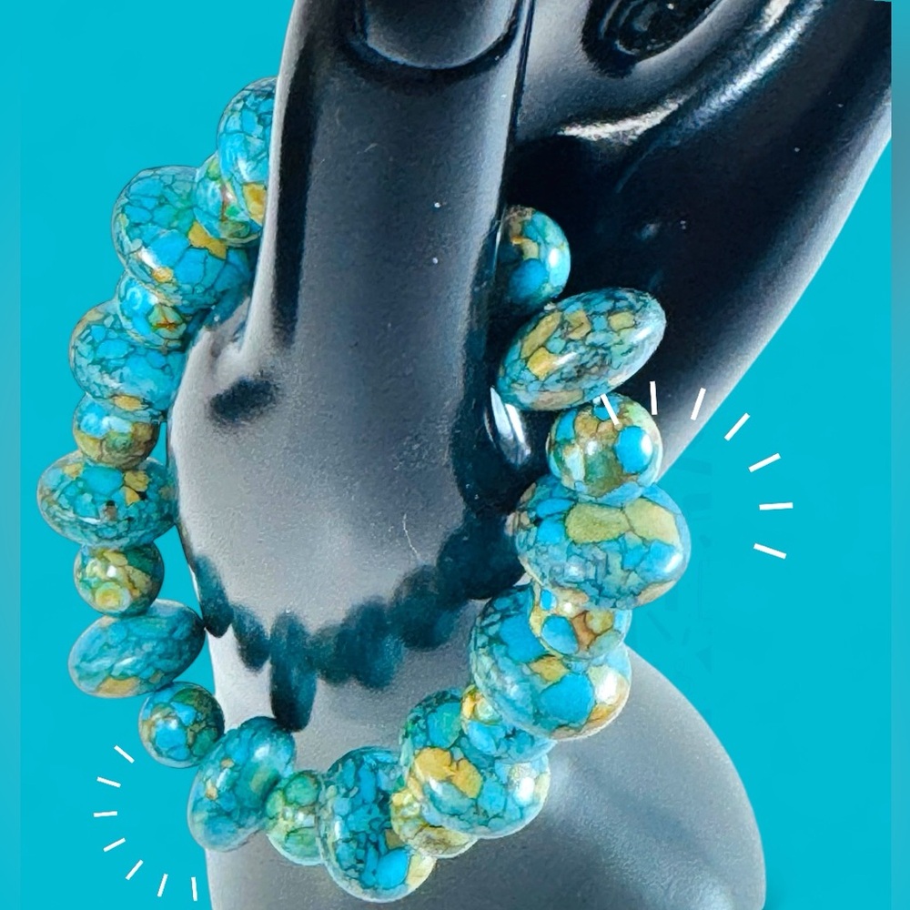 Turquoise Beaded Stretch Bracelet Blue Green Stone Statement Boho Jewelry - Picture 4 of 9